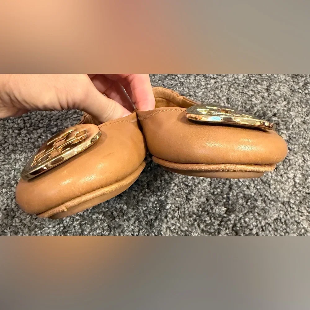 Tory Burch Minnie Travel Ballet Flat In Royal Tan/Gold Sz Womens 6.5